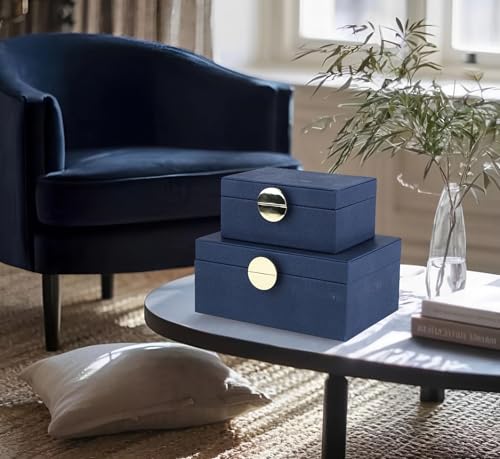 HofferRuffer Faux Leather Jewelry Boxes, Decorative Boxes Storage Accessory Organizer with Gold Hardware Decor, Classic Vegan Leather Set of 2 Pieces (Navy Blue) - color: Navy Blue