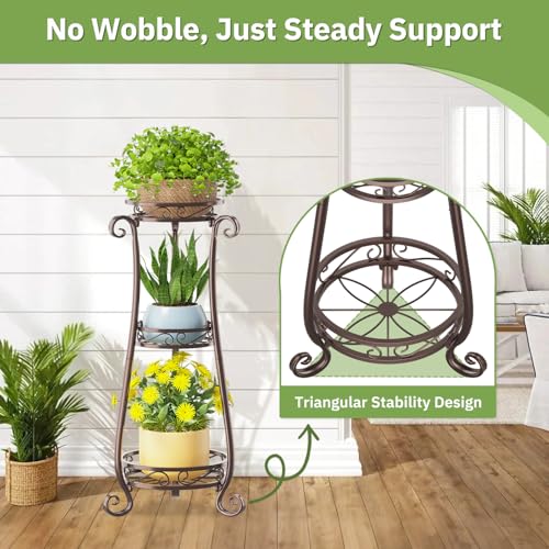 KMOTASUO 3 Tier Metal Plant Stand for Multiple Large Planters Indoor Outdoor Organizer, Heavy Duty Tall Flower Rack for Corner Patio Bathroom Office Corner, Modern Sturdy Vertical Iron Rack, Bronze - color: Bronze, size: 3 Tier