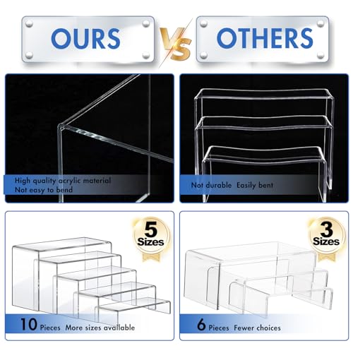 Aheroi Large Acrylic Risers, 10 Pcs 2 Set(7”L~8”L~9”L) Riser Display Shelf, Clear Rectangular Display Stands Set, Transparent Shelves for Decor, Showcase Holder for Cupcake