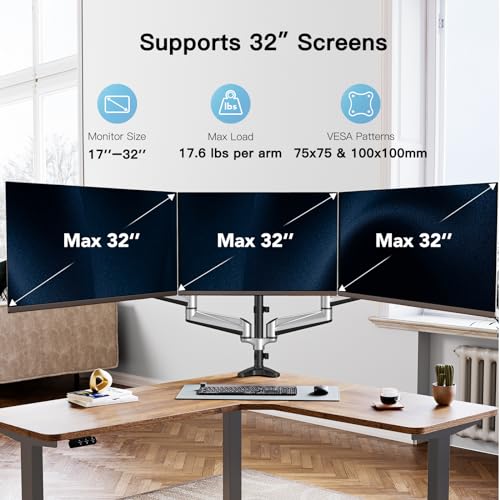 HUANUO Gaming Triple Monitor Stand, Full Motion Articulating Triple Monitor Mount Fit 17 to 32 inch Flat/Curved LCD Computer Screens with Clamp, Grommet Kit, Silver - color: Silver