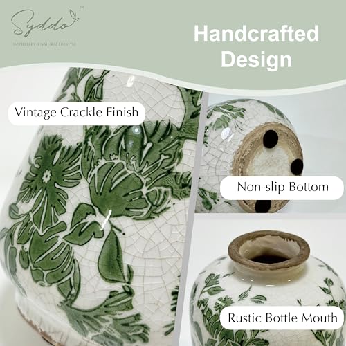 SYDDOL 5.5" Vintage Ceramic Vase, Rustic French Country Style with Crackle Glaze, Handcrafted Green Floral Pattern, Small Decorative Vase for Home, Table Centerpieces, Living Room, Shelf & Mantel