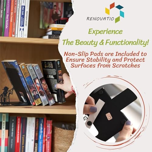 Renovatio Black Metal Bookend – Cute, Unique, Geeky Decor for Home, Office & Kids Room – Heavy Duty, Non-Slip Minimalist Bookends for Shelves – Master - style: Master