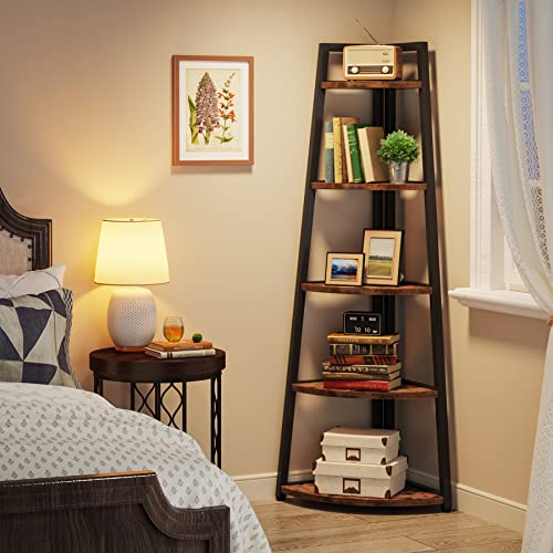 Tribesigns 70 inch Tall Corner Shelf, 5 Tier Rustic Corner Bookshelf Bookcase Industrial Corner Ladder Shelf Plant Stand for Living Room, Kitchen, Home Office (Brown) - color: Brown