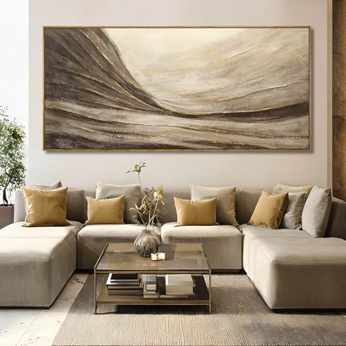 WINKAILIN Textured Abstract Landscape Canvas Wall Art in Brown and Gold Modern Minimalist Flowing Line Artwork for Living Room Bedroom Office Wall Decor 40x88 Inch - color: Brown and Gold, size: 88"L x 40"W