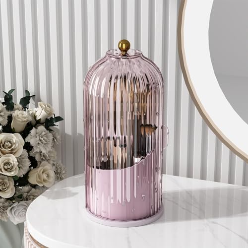 GAXmi Makeup Brush Holder with Lid Cosmetic Tools Organizer 360 Rotating Waterproof Dustproof Beauty Brushes Storage for Vanity, Pink-Purple - color: Pink-Purple