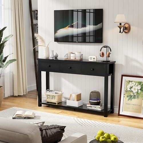 Homieasy Farmhouse Console Table with 3 Drawers, 47 Inch Wood Sofa Table with Storage Shelf for Living Room, Behind Couch, Entryway Table for Hallway, Living Room, or Foyer, Black