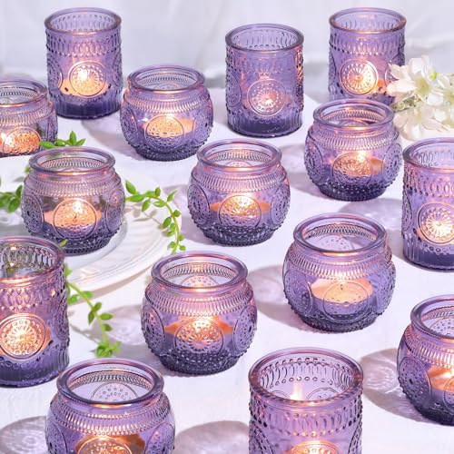 30pcs Assorted Purple Votive Candle Holders for Wedding Decorations, Boho Glass TeaLight Candle Holder, Wedding Table Centerpieces, Bridal Shower Decorations, Retro Purple Party Decor, Party Favors - color: Purple