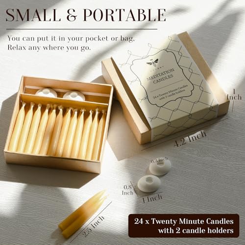 DEYBBY 20 Minute Beeswax Meditation Candles - 24pcs Mini Beeswax Taper Candle Gift Set with 2 Small Candle Holders