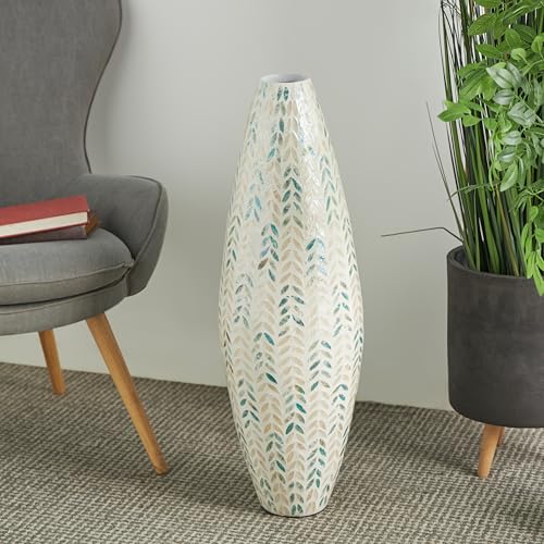 Deco 79 Mother of Pearl Shell Handmade Decorative Vase Tall Mosaic Centerpiece Vase with Blue Accents, Flower Vase for Home Decoration 10" x 10" x 33", Cream - color: Cream, size: 10" x 10" x 33"