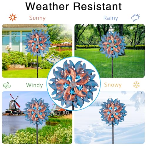 Wind Spinner Outdoor,Blue Copper Kinetic Metal Wind Spinner for Yard,Rustproof＆Waterproof Wind Sculpture,Metal Pinwheels for Yard Lawn Yard Art Outdoor Decor 13 * 66.2 inches - size: 13‘’Blue Copper with Star