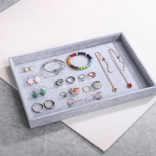 Mornajina 13.8" x 9.5" Velvet Jewelry Tray Jewelry Display Tray, Stackable Empty Plate Trays for Earrings Necklaces Bracelet Rings Display Showcase - Grey - color: Grey, size: Flat Tray 13.8"x9.5"