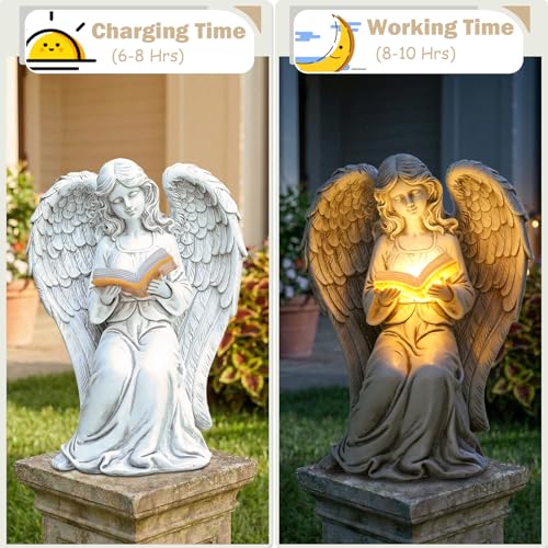 Angel Statue Outdoor Decor, Elegant Angel Garden Statues Reading Book with Solar LED Lights Yard Decorations Lawn Ornaments Figurines Resin Sculpture for Outside, Angel Gardening Gifts - style: Ancient Book