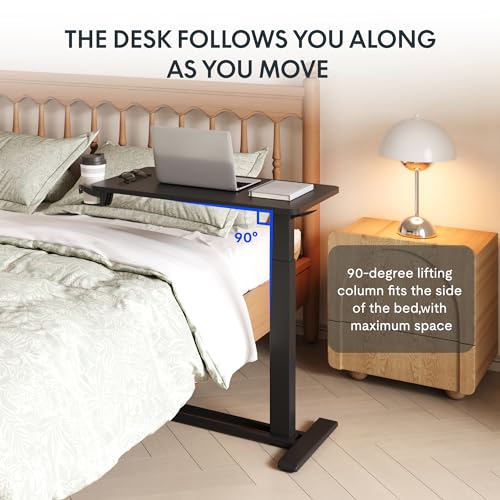 FLEXISPOT H7 Adjustable Overbed Bedside Table with Wheels Pneumatic Mobile Standing Desk Laptop Desk Rolling Computer Cart Movable Overbed Tables Hospital Home Use(27.6" W x 15.7" D, Black Table) - color: Black, size: Small