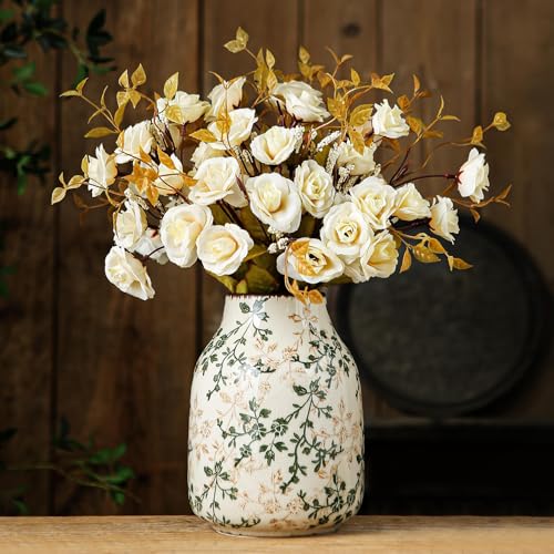 Green & Beige Vintage Chinoiserie Ceramic Vase 7.8”, Floral Rustic Decorative Vase for Living Room, Bookshelf, Office, Grandmillennial & Tuscan Decor - color: 10-green and Beige