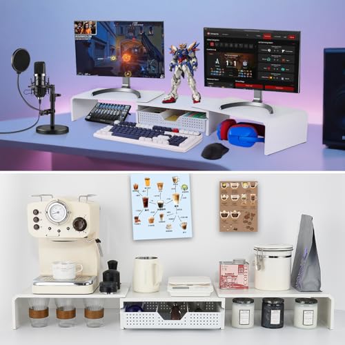 LEKETREE Dual Monitor Stand Riser with Drawer, Desk Organizer and Accessories, Metal Laptop Stand for Desk, Workspace Desktop Stand for Computer, Laptop, TV and More (White) - color: White
