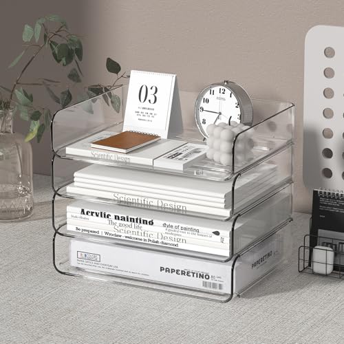 FANXIYQ 4-Tier Acrylic Paper Tray Organizer - Low-Profile Desk File Sorter for Office/Home, Clear Stackable Letter Tray for Bills, Crafts, Notebooks - color: 4-tier-horizontal, size: 12.6" x 9.6" x 11"
