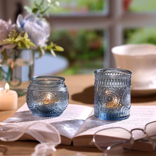 DARJEN 24Pcs Blue Votive Candle Holders - Glass Candle Holder for Party Decoration, Tea Lights Candle Holder for Wedding Shower & Gift - color: Blue