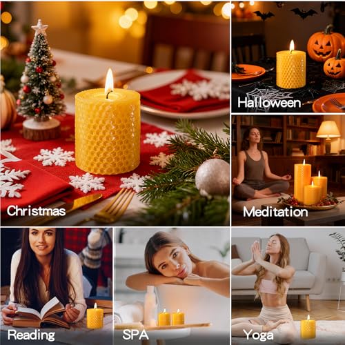 Hand-Rolled Beeswax Candles,2.8x3in-3PCS,All Natural Honeycomb Beeswax Pillar Candles,72 Hours Long Burning Bees Wax Candles for Home,Dripless Smokeless Unscented Honeycomb Pillar Candle - color: 2.8x3in, size: 3pcs