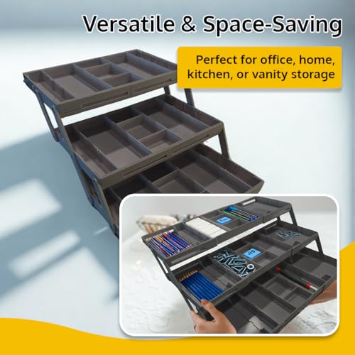 3 Tier Drawer Organizer, Multi Level Smart Drawer Organizer for Desk, Expandable Organizer for Office, Makeup, Jewelry, Kitchen, Folding Storage for Home and Office Drawers & Craft Organizer - Gray - color: 3-Tier (Gray)