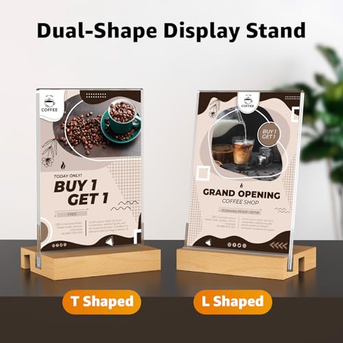 MaxGear L/T Shape Acrylic Sign Holder, 4 X 6 Clear Table Display Stand with Wooden Base, Flyer Menu Holder Photo Frames Paper Stand for Office, Wedding, Restaurants, Hotels 3 Pack - size: 4''x6'', style: 3 Pack