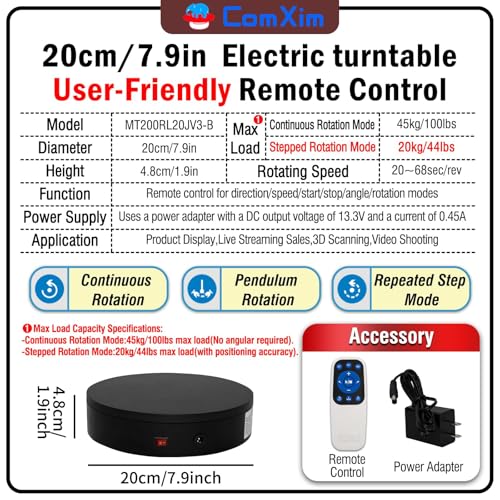 Remote Motorized Electric Turntable Rotating Display Stand Spinning Rotating Platform 360 Photography Turntable lazy susan base giratoria para for Photography,Display,3D Scan,Exhibition rotating table - size: 7.9inch/Black/100Lbs Load