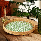 Round Rattan Serving Tray - Natural Handmade Woven Basket Trays with Mother of Pearl Inlay with Wooden Base Decorative Wicker Basket for Table Decor, Home Storage Display of Bread, Coffee, Fruit