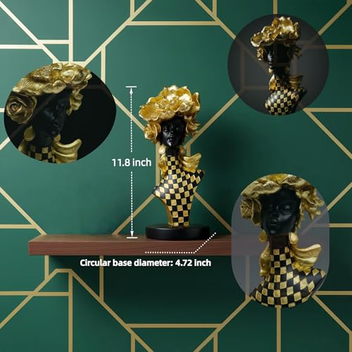 Lescafita African Queen Sculpture Gold Flower Crown, Black and Gold Checkered Gift Statue, Luxury Art Figurine for Home Decor Shelf Table Display - color: 701-gold