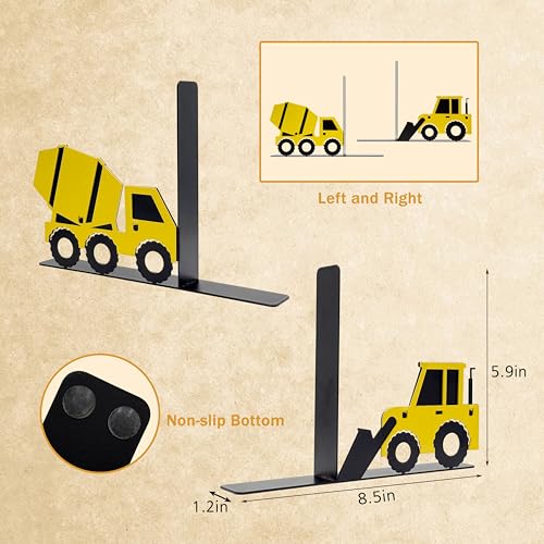 Construction Truck Decorative Bookends for Boys Room - Durable and Cute Design, Perfect for Nursery and Kids' Book Ends,Teen Boy Room Decor（Bulldozer） - color: Yellow Bulldozer