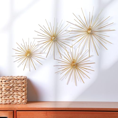 Shimeyao 4 Pcs Metal Starburst Wall Decor Gold Metal Wall Art 3D Spike Bling Finish Star Burst Hangings Accents Sculptures Set Modern Mid Century Decorations for Living Room Bedroom Entryway - color: Gold, style: Spike