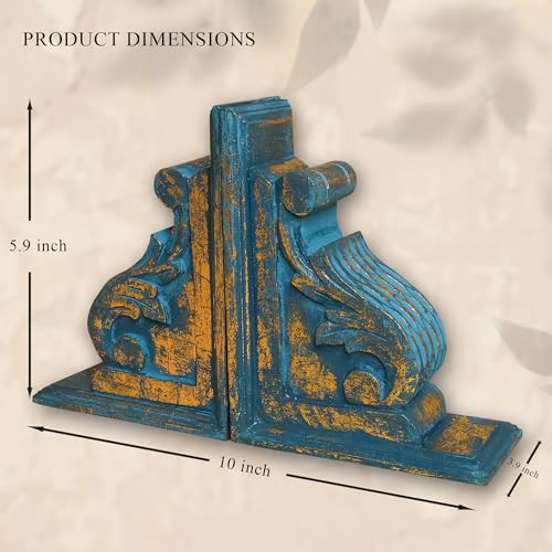 Vintage One Pair of Distressed-Finish Wooden bookends with a Carved Pattern, Perfect for Shelves, Heavy bookends for Books, and Modern Accent for Living Room,Office (Rustic Blue) - color: Rustic Blue