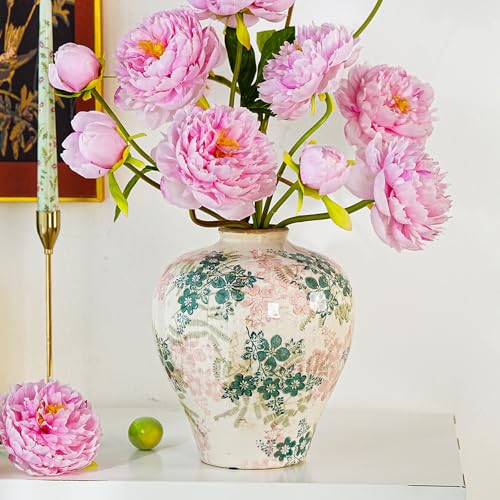 Sungmor Vintage Ceramic Flower Vase - 9.4 Inch Retro Ice Cracked Glaze Chinoiserie Vase, Rustic Farmhouse Home Décor Accent for Dried Flowers, Greenery - Table Centerpieces, Shelf, Mantel Decor - color: Green