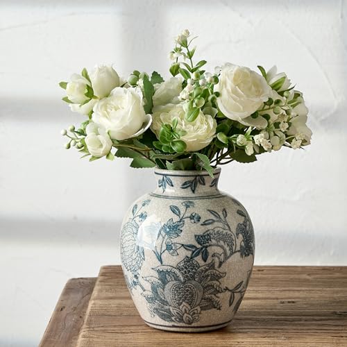 SIDUCAL Ceramic Chinoiserie Floral Vase | 6.3 Inch Blue and White Vintage | Retro Ice Cracked Blue and White Porcelain Vase for Table, Living Room, Bathroom Decoration, Shelf Decor, Mantel - color: 18443-blue and White