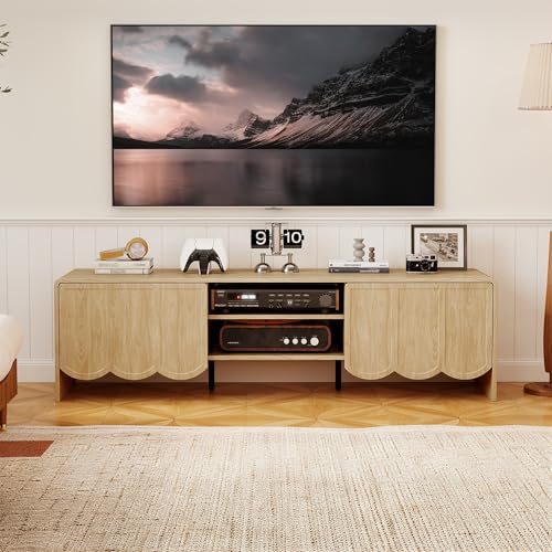 Modern 63" TV Stand, Wood Entertainment Center with Sliding Doors, Media Console for TVs Up to 70", TV Stand for Living Room, Natural - color: Natural