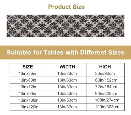 Vintage Damascus Flowers Table Runner Vintage Classic Flower Pattern Kitchen Dining Table Decoration for Home Party Decor Table Runners 13x36in - color: Beige-black, size: 13x36in