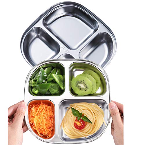 Set of 2 Stainless Steel Dinner Plates 4 Sections Divided Platter Dinner Tray - Lightweight Metal Plate for Adults and Campers, Portion Control Bariatric Weight Loss and Diabetic Diet Plates - size: F4C (4 Sections)
