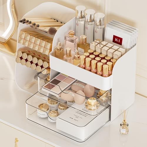 Booklov Makeup Organizer for Vanity, Countertop Cosmetic Display Case with Clear Acrylic Drawers, Bathroom Counter Beauty Caddy, Cute Table Storage Holder for Skincare, Brush Lipsticks, Crystal White - color: Crystal White, size: M01
