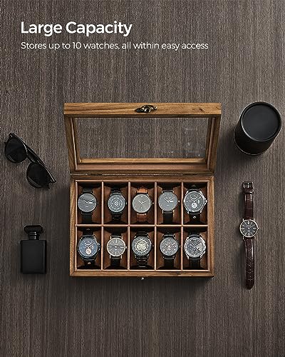 SONGMICS 10-Slot Watch Box, Watch Display Case with Large Glass Lid, Removable Watch Pillows, Velvet Lining, Gift Idea, Rustic Walnut UJOW100K01 - color: Rustic Walnut, size: 1 Layer 10 Slot