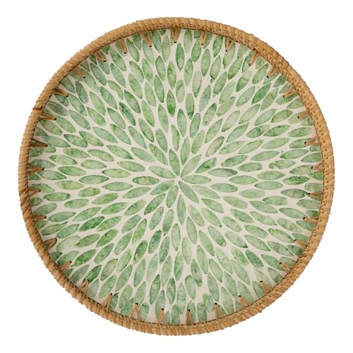StorageWorks Decorative Coffee Table Trays for Home Decor, Round Rattan Tray with Mother of Pearl Inlay, Large Wicker Woven Serving Tray Decor for Kitchen Counter,Living Room and Ottoman, Green - color: Green Leaf, size: 13.4"