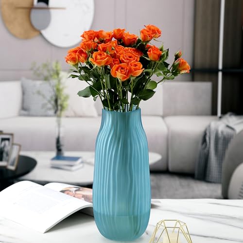 Frosted Blue Ribbed Glass Vase 12in Boho Elegant Decorative Vases for Home Flowers Arrangements, Centerpieces, Dinner Table and Modern Decor - color: Frosted Blue, size: H-12.0IN