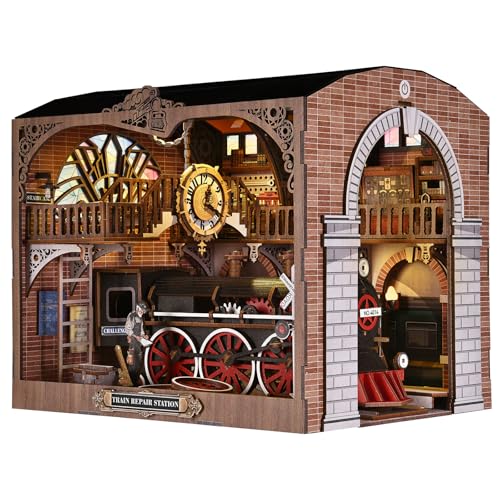 Book Nook Kit, Book Nook Kits for Adults DIY Booknook Model Build, DIY 3D Wooden Puzzle Bookend Booknook Bookshelf Insert Miniature Dollhouse Kit for Home Decoration - style: Train Repair Station