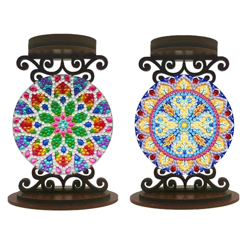 BAYUNOE 2Pcs DIY Candlestick Holders Wooden Desktop Diamond Art Painting Candle Holder Double-Sided Diamond Vintage Modern Decorative for Table Mantel Wedding Dinning Party-01 - color: 2pcs-01