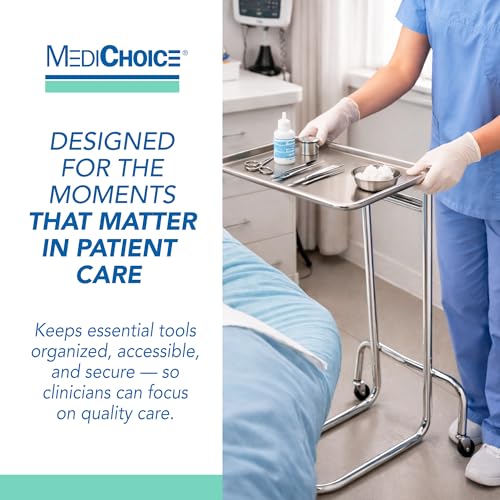 MediChoice Mayo Portable Adjustable Tray Steel Premium Instrument Stand Medical Dental Salon Tattoo Esthetician Mobile Service Cart Table Station Height 34-54 Inch MAYO1201