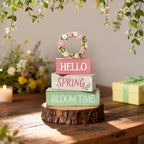 Spring Decoration Wooden Tiered Tray Decor – Rustic Hello Spring Bloom Time Stacked Block Sign with Floral Wreath Topper – Farmhouse Tabletop Spring Decor for Living Room Shelf Kitchen Coffee Bar Entryway Seasonal Home Display - style: Wreath