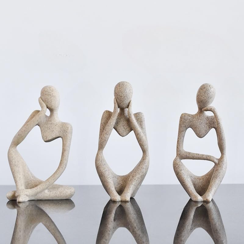 Thinker Statues Home Decor, Set of 3 Pcs Grey Resin Trendy Abstract Art Sculpture Collectible Figurines Home Office Bookshelf Bedrooms Living Room Coffee Shops Desktop Decoration Aesthetic Ornaments - color: Beige