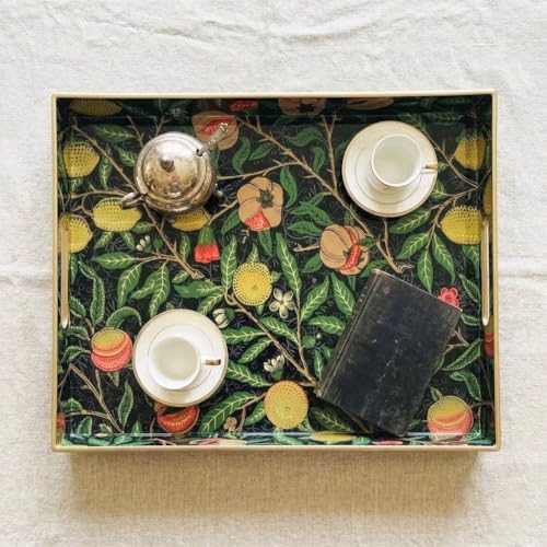 15.8" x 11.8" Black Plastic Serving Tray with Handles, Pomegranate & Lemon Fruit Botanical Pattern with Gold Trim, for Ottoman, Coffee Table, Vanity - color: Pomegranate & Lemon Fruit
