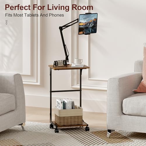 Floor Kindle Tablet iPad Stand with 2-Tier Storage Shelves,Angle Height Adjustable iPad Tablet Kindle Holder for Bed with 360-Degree Rotating Wheels, Compatible with 4.7"-13" Kindle Cell Phone iPhone - size: 11.4"D x 15.4"W x 56.4"H
