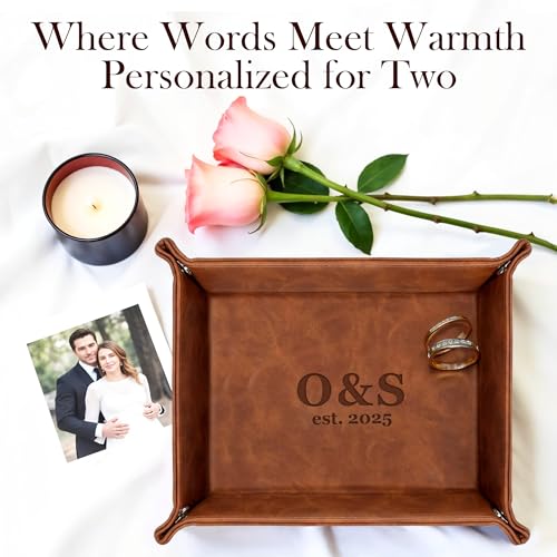 Personalized Engraved Leather Valet Tray with Custom Text, Engraved Gift for Couples – Custom Leather Catchall Organizer for Men & Women Wedding - style: Couple