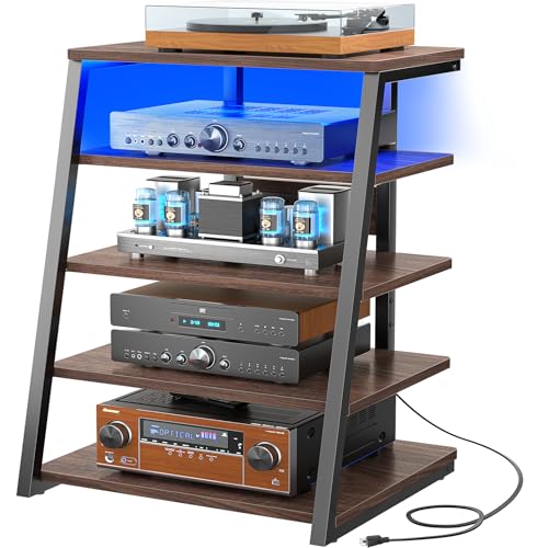 Armocity 5-Tier AV Media Stand with Power Strips, Media Console with LED Lights, Audio Tower Rack with Adjustable Shelves, Stereo Stands and Racks, 40.8'', Black Walnut - color: Black Walnut, size: 40" (H)