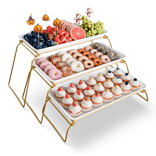 Extra Large 3-Tier Melamine Serving Tray Set and Cupcake Stand for Party Events, 17" Platters with Tiered Stand, Holds 63 Cupcakes, Food, Dessert, and Fruit, 24K Gold-Plated - color: Gold, size: 17" x 8.7"