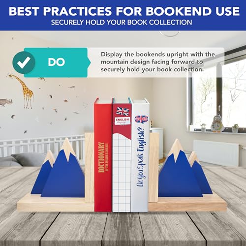 Decorably Blue Mountain Book Ends for Kids Books - 1 Set Non-Skid Wooden Bookends for Kids, Book Ends for Shelves, Kid's Room, Baby's Nursery, Classroom